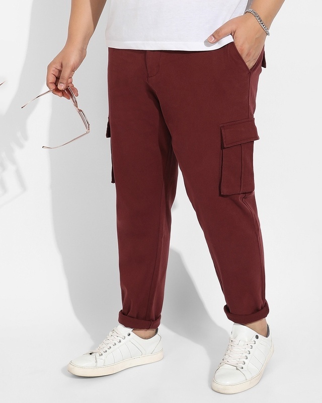 Shop Men's Maroon Oversized Plus Size Cargo Trousers-Front