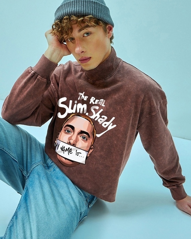 Shop Men's Maroon Real Slim Shady Graphic Printed Oversized Sweatshirt-Front