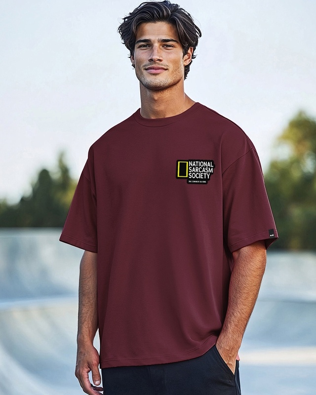 Shop Men's Maroon Sarcasm Society Typography Oversized T-shirt-Front