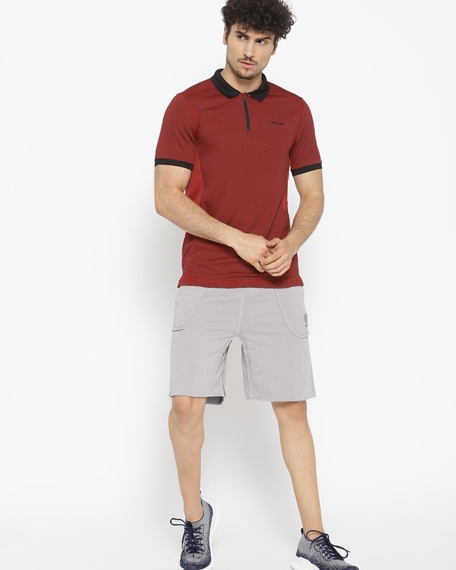 Shop Men's Maroon Self Design Polo T-shirt-Front