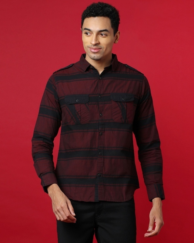 Shop Men's Maroon Striped Cotton Shirt-Front