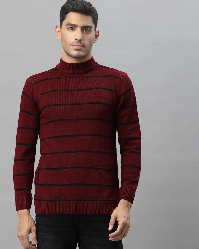 Shop Men's Maroon Striped Sweater-Front
