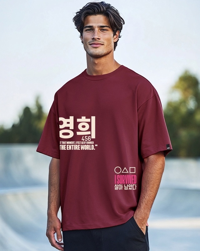 Shop Men's Maroon Survived Graphic Printed Oversized T-shirt-Front