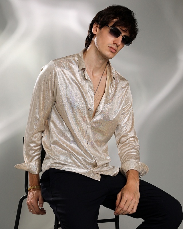 Shop Men's Metallic Beige All Over Printed Shirt-Front