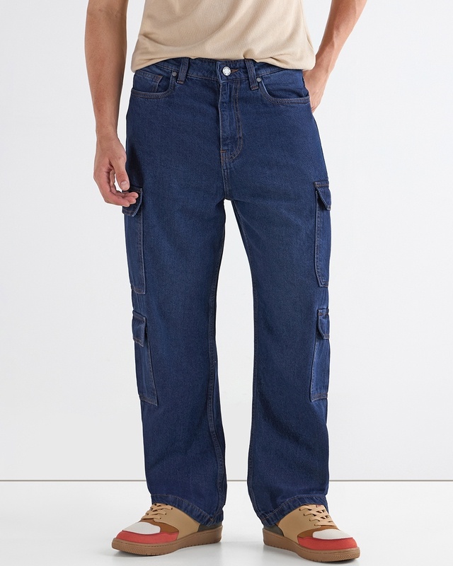 Shop Men's Mid Blue Baggy Fit Washed Cargo Mid-Rise Jeans-Front