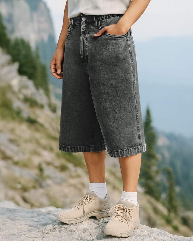 Shop Men's Mid Grey Washed Baggy Fit Shorts-Front