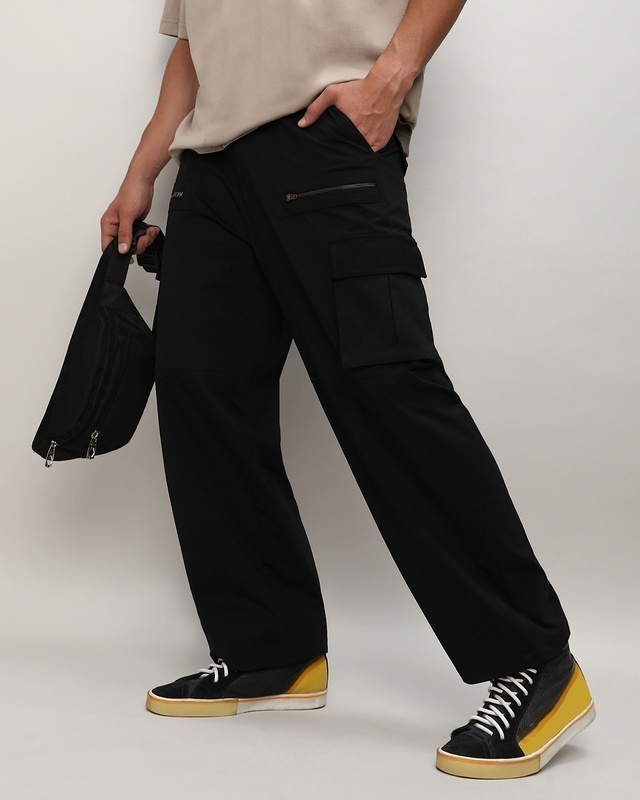 Shop Men's Midnight Black Loose Comfort Fit Cargo Pants-Front