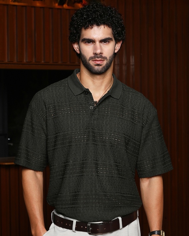 Men's Midnight Black Textured Oversized Polo T-shirt