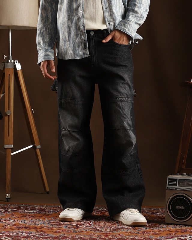 Shop Men's Midnight Black Washed Straight Fit Cargo Carpenter Jeans-Front