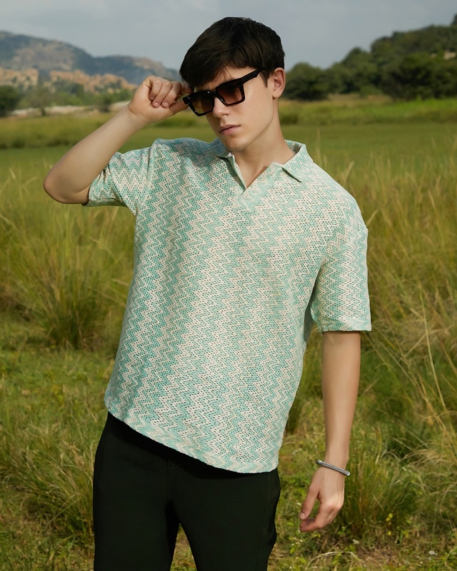 Men's Mint Green Textured Loose Fit Polo T-shirt