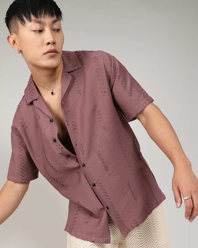 Shop Men's Mocha Brown Embroidered Relaxed Fit Shirt-Front