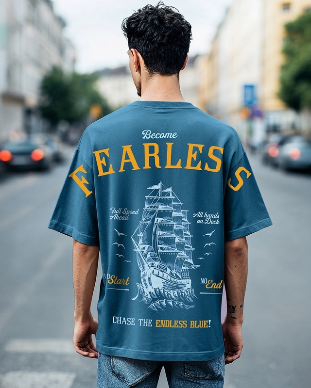 Shop Men's Morrocan Blue Become Fearless Graphic Printed Oversized T-shirt-Front