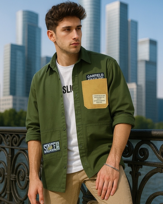 Shop Men's Moss Green Batch Printed Oversized Shirt-Front