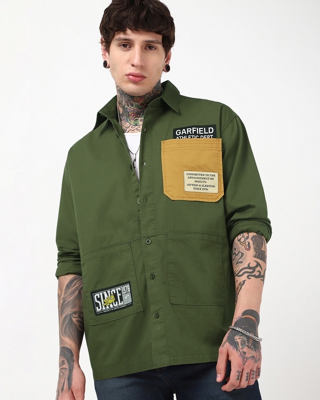 Shop Men's Moss Green Batch Printed Oversized Shirt-Front