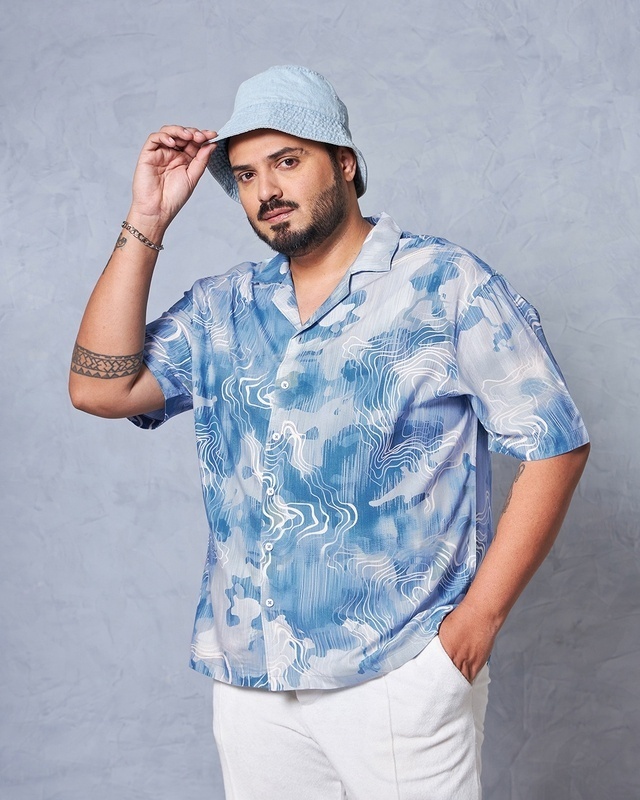 Shop Men's Blue & Grey All Over Printed Oversized Plus Size Shirt-Front
