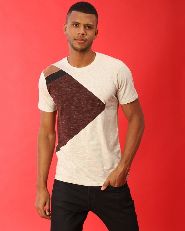 Shop Men's Beige Color Block T-shirt-Front