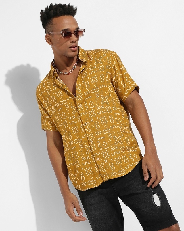 Shop Men's Mustard Yellow All Over Printed Shirt-Front