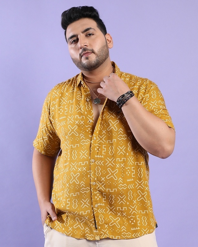 Shop Men's Mustard Yellow Minimal Aztec Printed Oversized Plus Size Shirt-Front