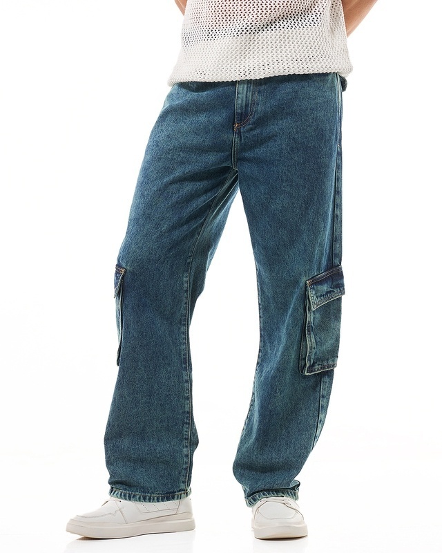 Shop Men's Navy Blue Baggy Straight Fit Washed Cargo Jeans-Front