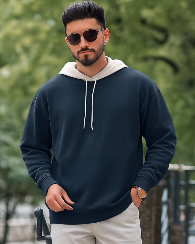 Shop Men's Navy Blue & Beige Oversized Hoodies-Front