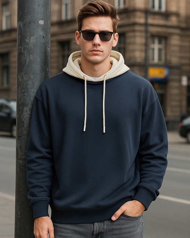 Shop Men's Navy Blue & Beige Oversized Hoodies-Front