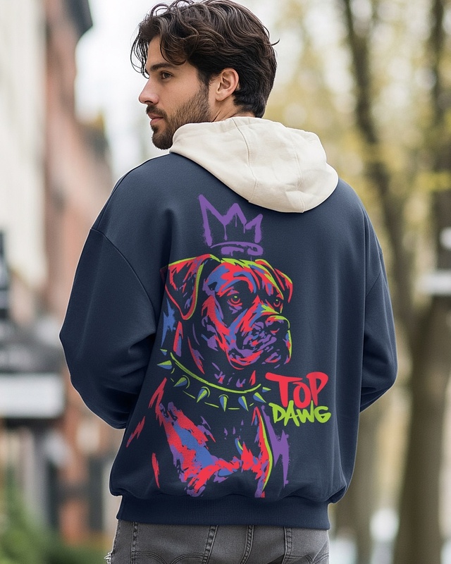 Shop Men's Navy Blue & Beige Top Dawg Graphic Printed Oversized Hoodies-Front