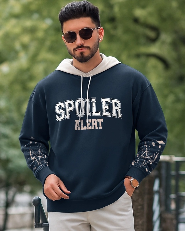 Shop Men's Navy Blue Spoiler Alert Typography Oversized Hoodies-Front