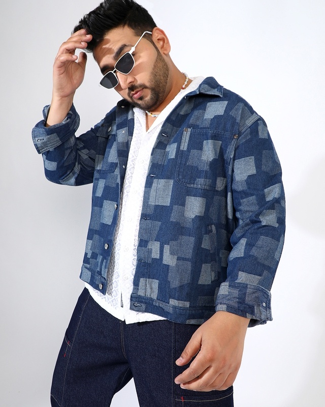 Shop Men's Navy Blue Blocks Printed  Oversized Plus Size Denim Jacket-Front