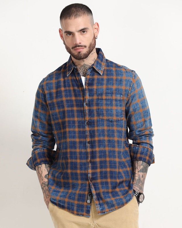 Men's Navy Blue & Brown Checked Denim Shirt