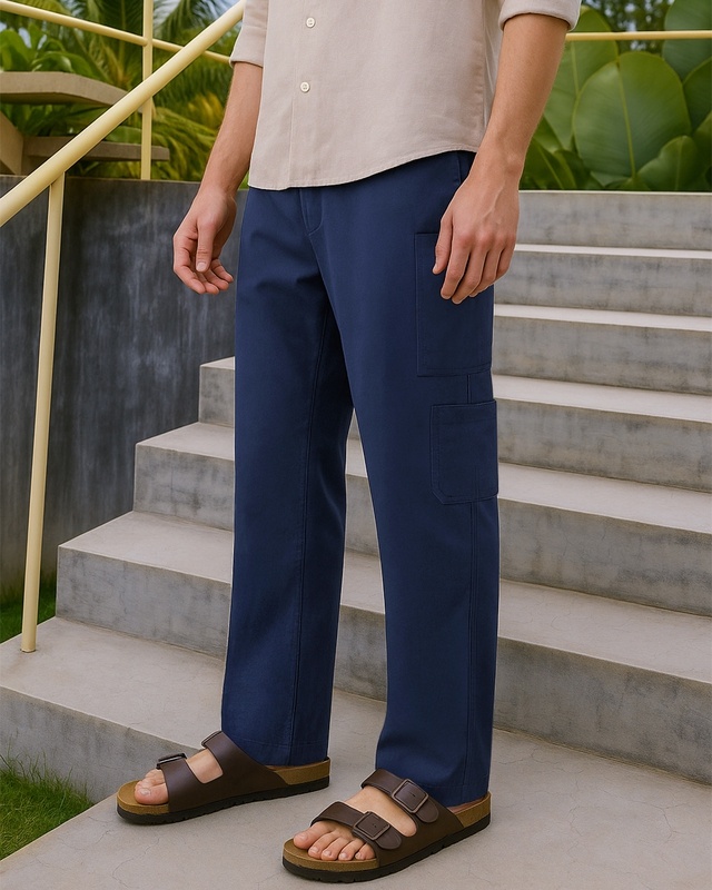 Shop Men's Navy Blue Cargo Cotton Linen Pants-Front