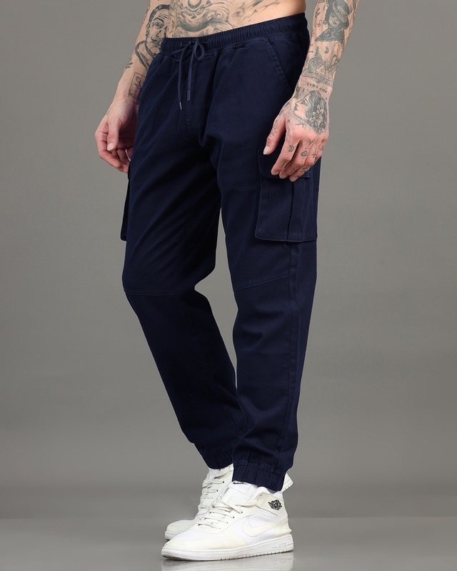 Shop Men's Navy Blue Cargo Jogger Pants-Front