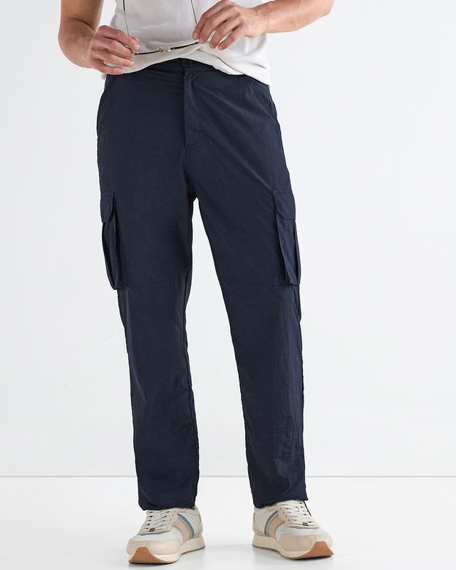 Shop Men's Navy Blue Cargo Nylon Parachute Pants-Front