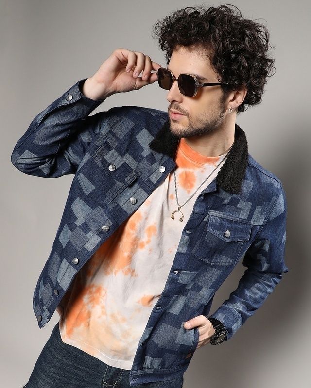 Shop Men's Navy Blue Checked Jacket-Front