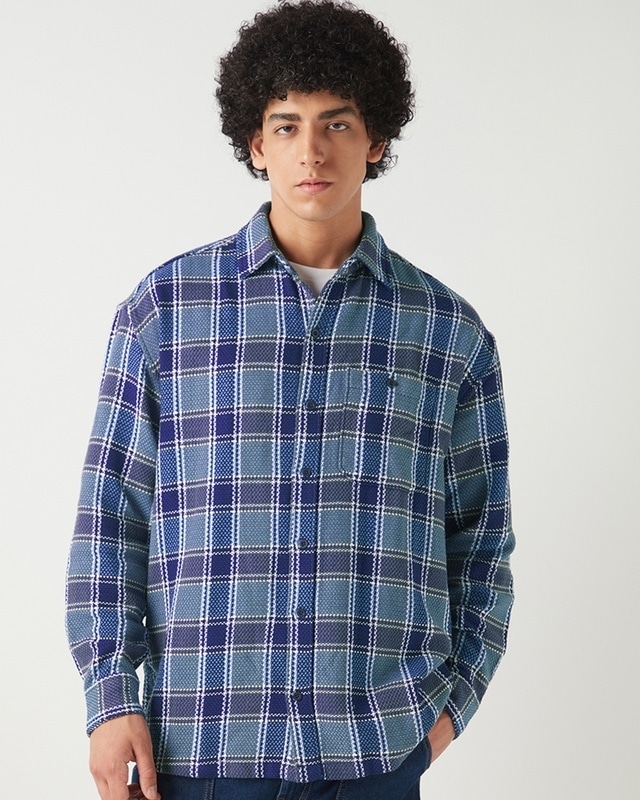 Shop Men's Navy Blue Checked Oversized Shirt-Front