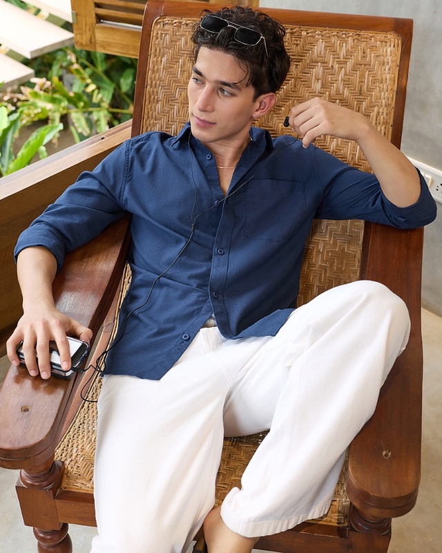 Shop Men's Navy Blue Cotton Linen Shirt-Front