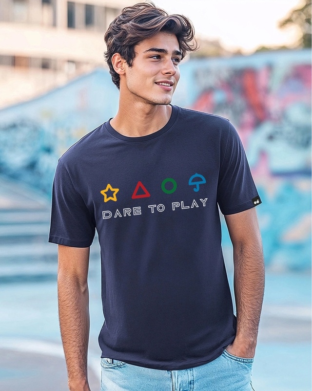 Shop Men's Navy Blue Dare To Play Graphic Printed T-shirt-Front