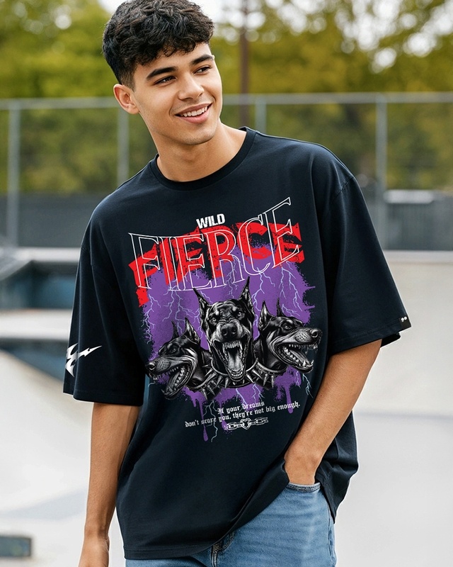 Shop Men's Navy Blue Doberman Graphic Printed Oversized T-shirt-Front