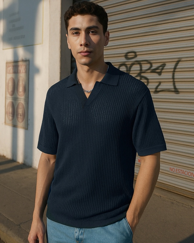 Shop Men's Navy Blue Flatknit Polo T-shirt-Front
