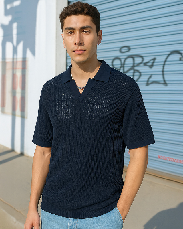 Shop Men's Navy Blue Flatknit Polo T-shirt-Front