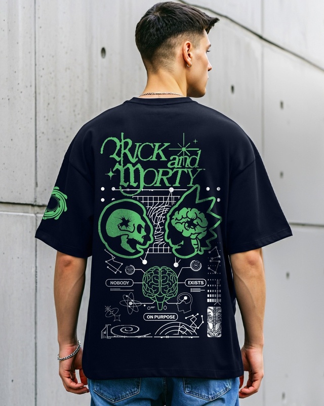 Men's Navy Blue God Rick Graphic Printed Oversized T-shirt-Front Bewakoof Shop Men's Navy Blue God Rick Graphic Printed Oversized T-shirt-Front