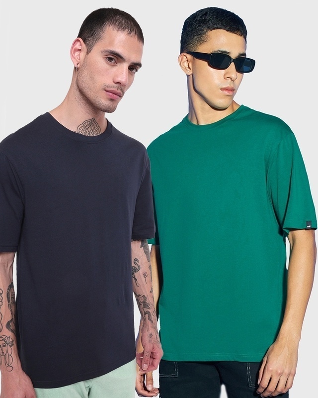 Shop Pack of 2 Men's Navy Blue & Green Oversized T-shirt-Front