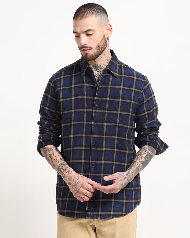 Men's Navy Blue & Grey Checked Denim Shirt