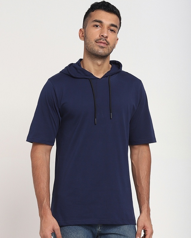 Shop Men's Navy Blue Half Sleeve Hoodie T-shirt-Front