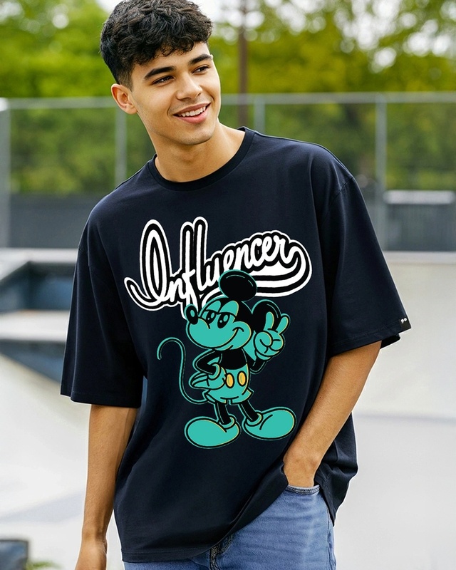 Shop Men's Navy Blue Influencer Graphic Printed Oversized T-shirt-Front