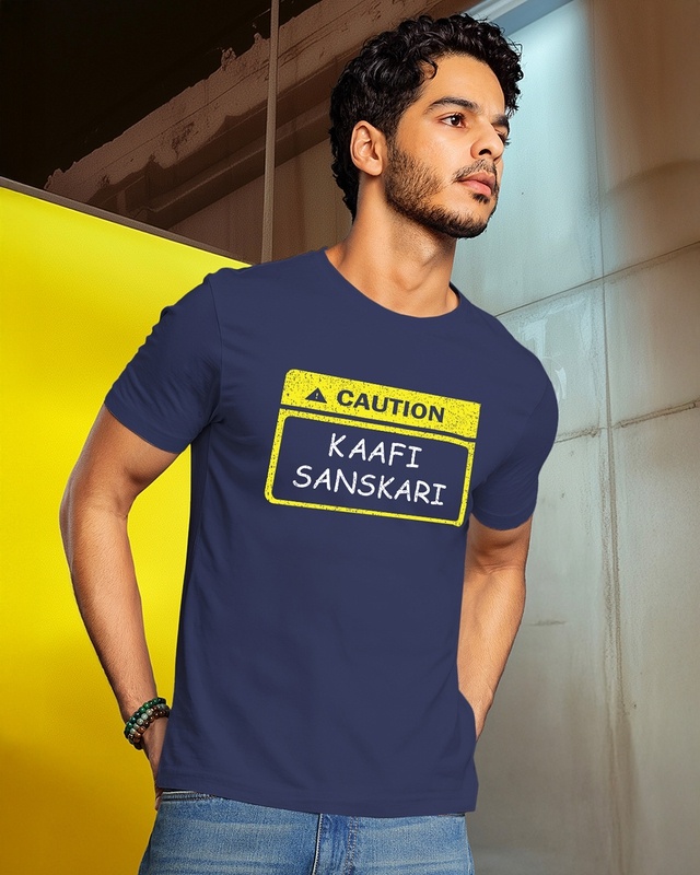 Shop Men's Navy Blue Kaafi Sanskari Typography T-shirt-Front