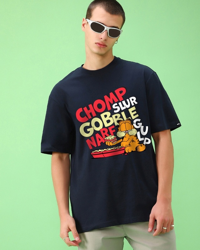 Shop Men's Navy Blue Lets Do Lunch Graphic Printed Oversized T-shirt-Front
