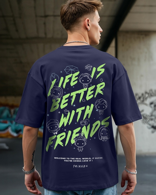 Shop Men's Navy Blue Life is Better with Friends Graphic Printed Oversized T-shirt-Front