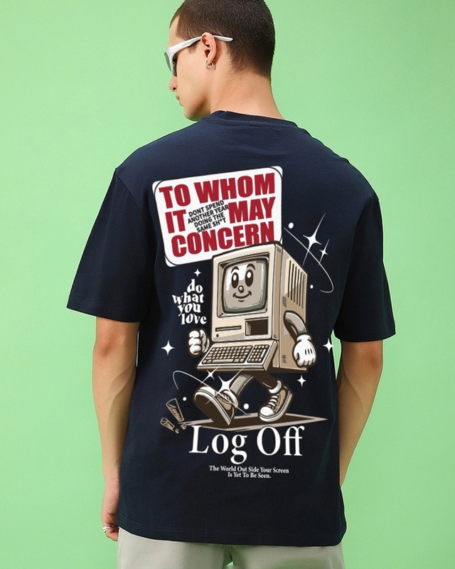 Shop Men's Navy Blue Log Off Graphic Printed Oversized T-shirt-Front