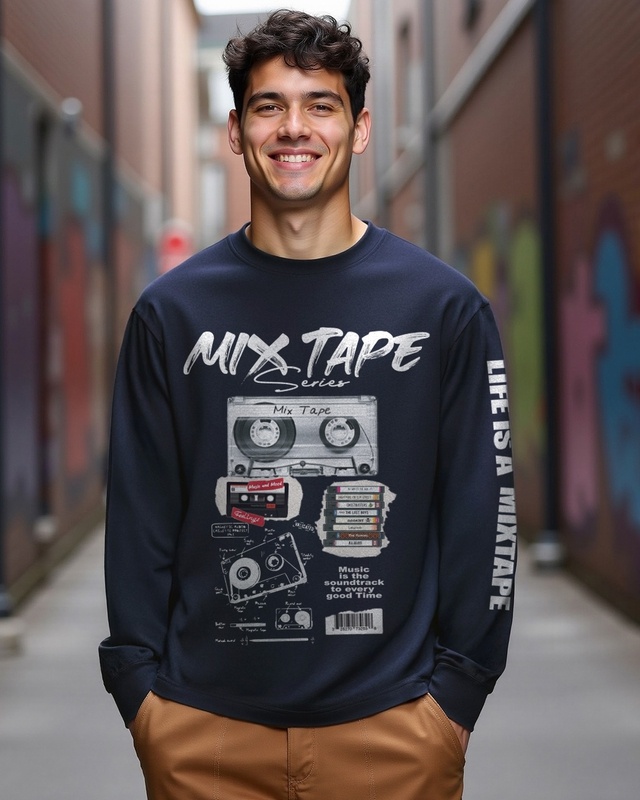 Shop Men's Navy Blue Mixtape Graphic Printed Oversized T-shirt-Front