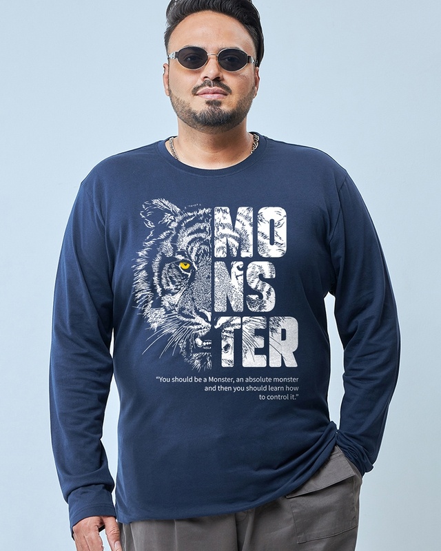 Shop Men's Navy Blue Monster Graphic Printed Plus Size T-shirt-Front